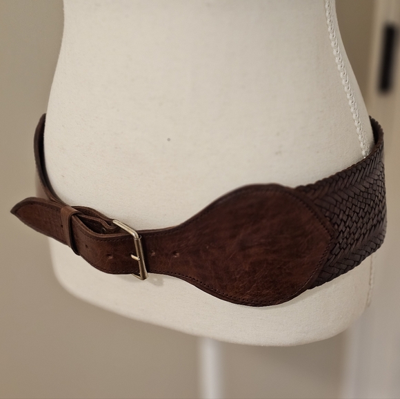 Vintage Accessories - Vintage Genuine Leather Wide Brown Braided Waist Belt - Women Accessories